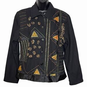 VTG 90s Y2K ANAGE BOHO BLACK SILVER PATCHWORK ANIMAL PRINT FUNKY JACKET BLAZER M